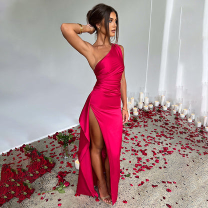 One-shoulder Backless Slit Dress Slim-fit Solid Color Satin Dresses