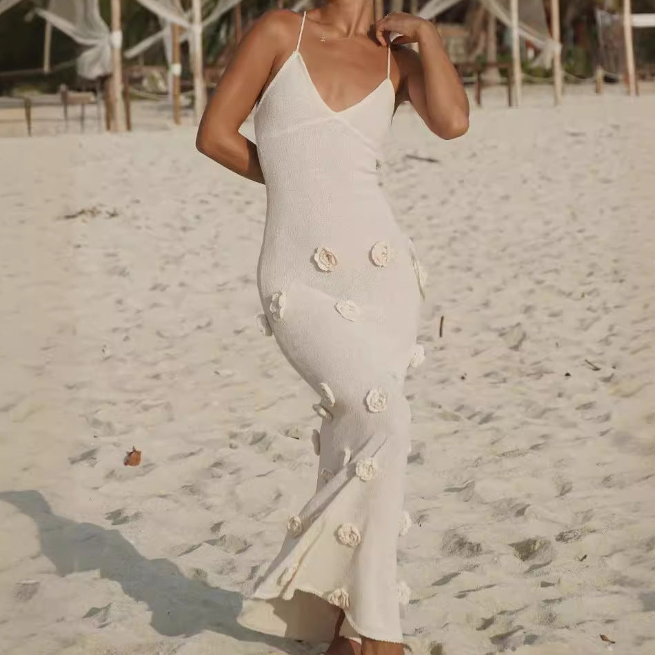 Three-dimensional Flower Knitted Backless Lace-up Dress