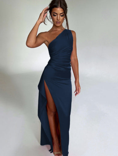 One-shoulder Backless Slit Dress Slim-fit Solid Color Satin Dresses
