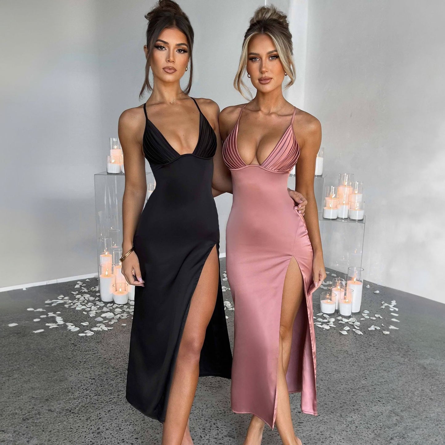 Spaghetti Strap Dress With Split Design Deep V-neck Sleeveless Backless Bodycon Dress