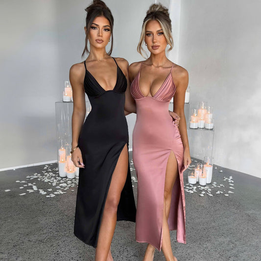 Spaghetti Strap Dress With Split Design Deep V-neck Sleeveless Backless Bodycon Dress