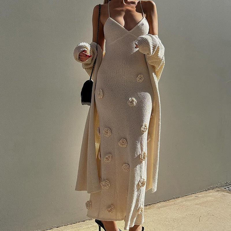 Three-dimensional Flower Knitted Backless Lace-up Dress