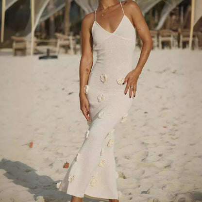 Three-dimensional Flower Knitted Backless Lace-up Dress