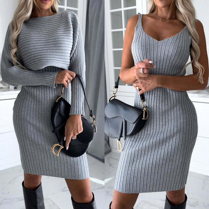 Chic 2-Piece Women's Striped Long Sleeve Top & Fitted Suspender Skirt Set